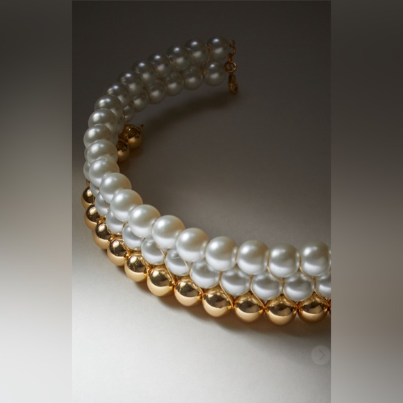 (59)New Francesca’s Luxe 14K Gold Plated Metal Pearl Collar Statement Necklace - Picture 5 of 5